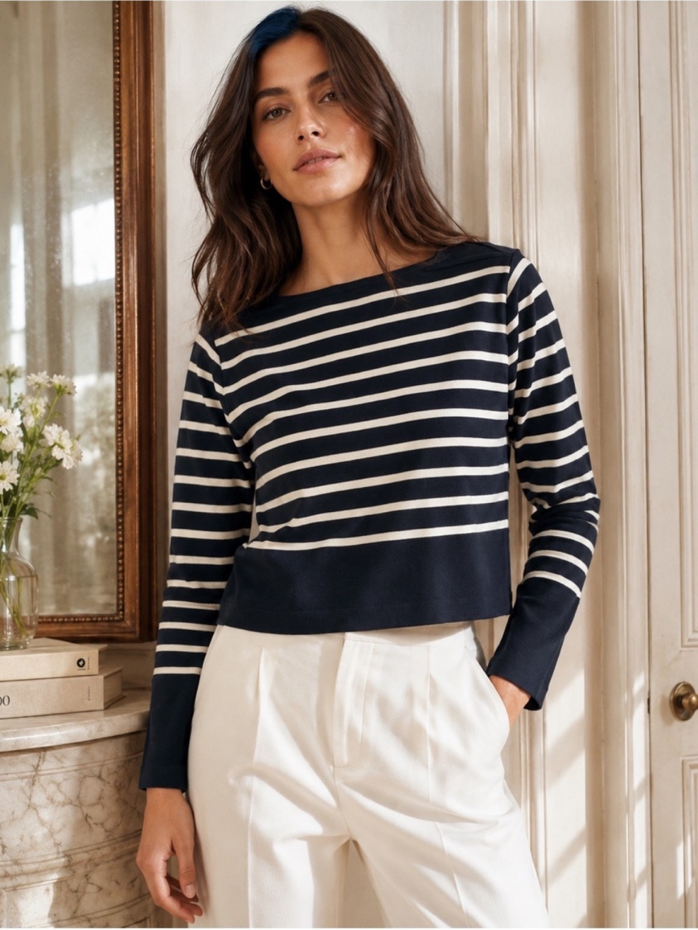Massimo Dutti Navy Cream Striped Cotton Boat Neck Top S